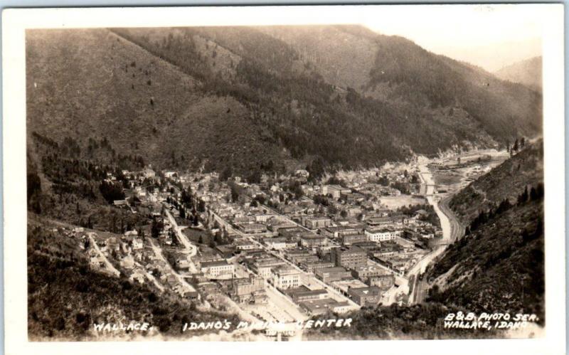 RPPC  WALLACE, Idaho  ID  Birdseye  Idaho's Mining Center  c1930s-40s Postcard