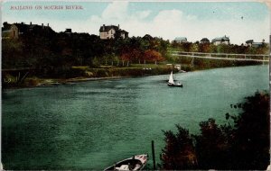 Sailing on Souris River Manitoba c1909 Souris MB Duplex Cancel Postcard H60