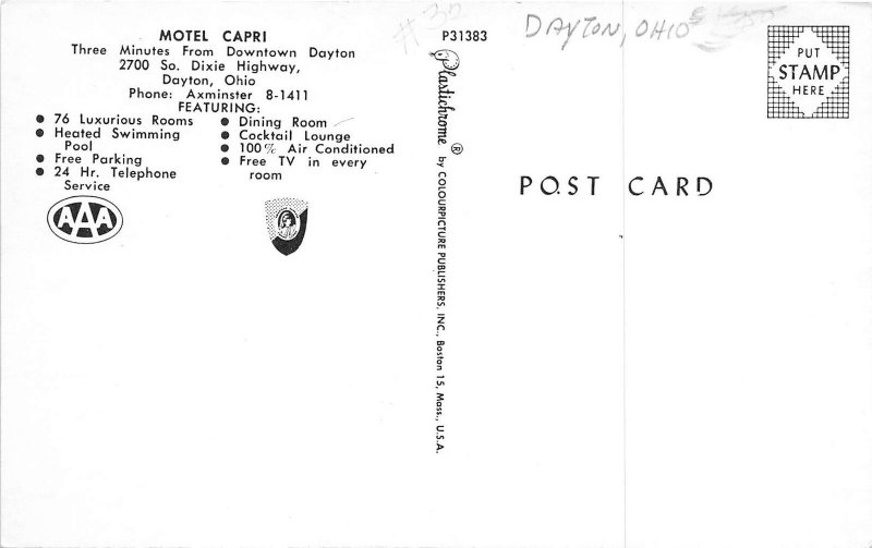 Dayton Ohio 1950s Postcard Motel Capri Pool Bar Room