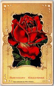 Birthday Greetings Beautiful Red Rose Flower Golden Frame Postcard