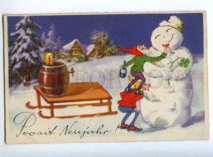 240920 NEW YEAR Dwarf GNOME w/ SNOWMAN Sled Vintage postcard