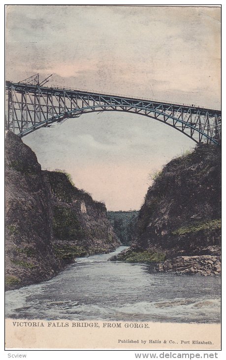 Victoria Fallsd Bridge, from Gorge,  river is the border between Zimbabwe and...