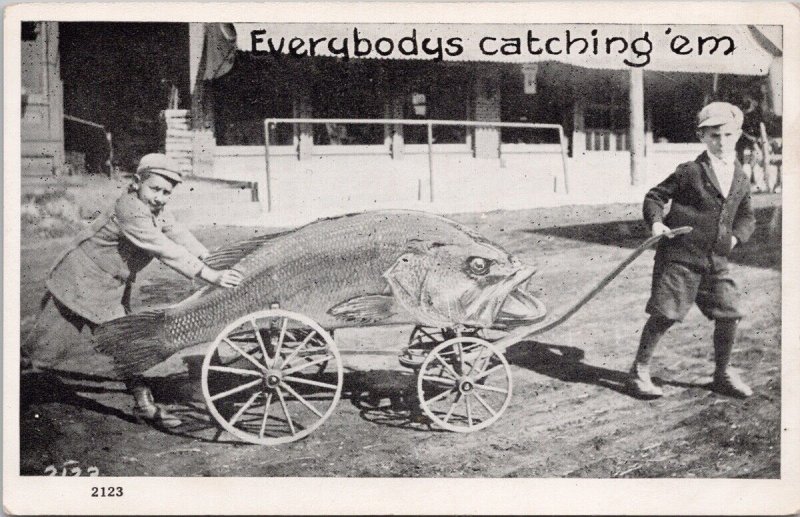 Exaggeration Huge Fish Wagon Boys Children Fishing Unused Litho Postcard H31