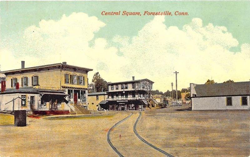 Forestville CT Central Square Store Fronts Trolley Tracks Postcard