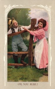 Vintage Postcard 1911 Lovers Couple Fixing The Fence Sweet Moments Romance