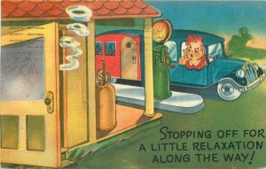 Auto Gas Station Travel Trailer Restroom Comic Humor Postcard linen 20-4295