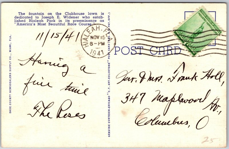 Miami Florida, 1941 Widener Fountain & Club House Lawn at Hialeah Park, Postcard