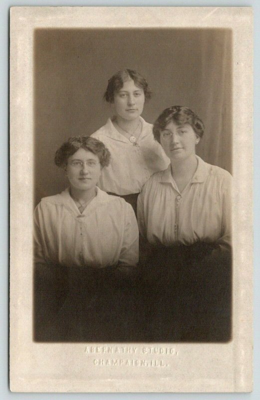 Champaign Illinois~Abernathy Studio Portrait~3 Young Ladies~Students? c1914 RPPC