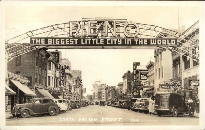 Reno NV City Arch North Virgiia St. c1940 Real Photo Postcard