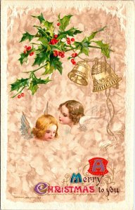 John Winsch Schmucker Embossed Angels, Cupids, Bells Antique Christmas Postcard