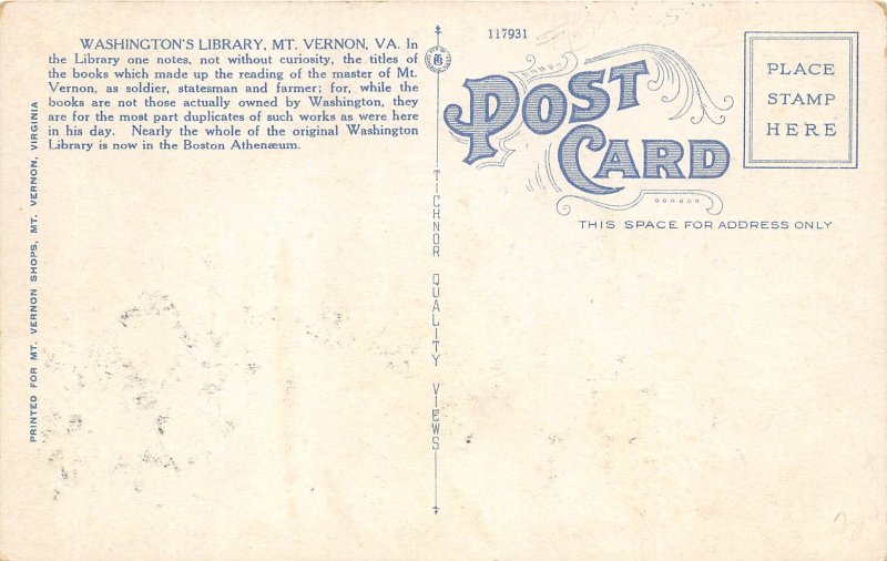 Mt. Vernon Virginia 1930s Postcard George Washington's Library Globe