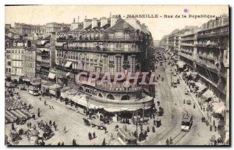 Old Postcard Marseille Rue de la Republique Tramway