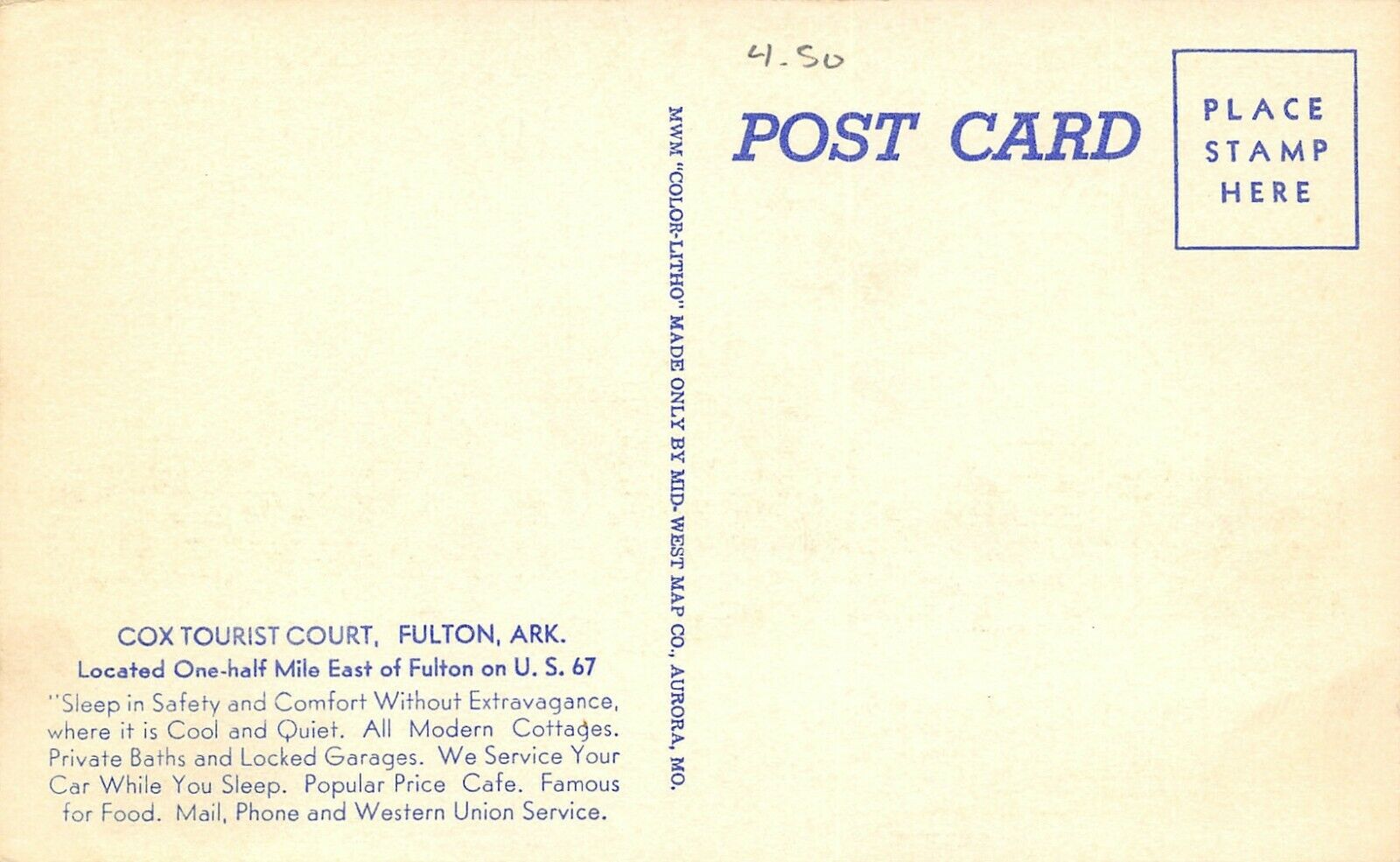 Fulton ArkansasCox Tourist CourtRoadside MotelEsso Gas Cafe1940s