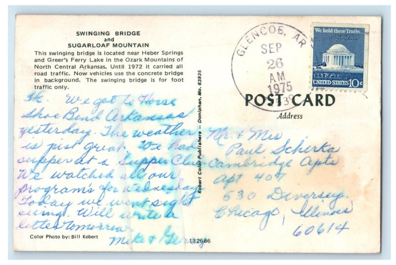 1975 Swinging Bridge and Sugar Loaf Mountain Glencoe AR Posted Postcard