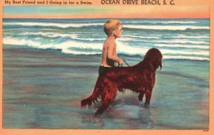 Vintage Postcard The Boy and His Pet Dog Ocean Drive Beach South Carolina SC