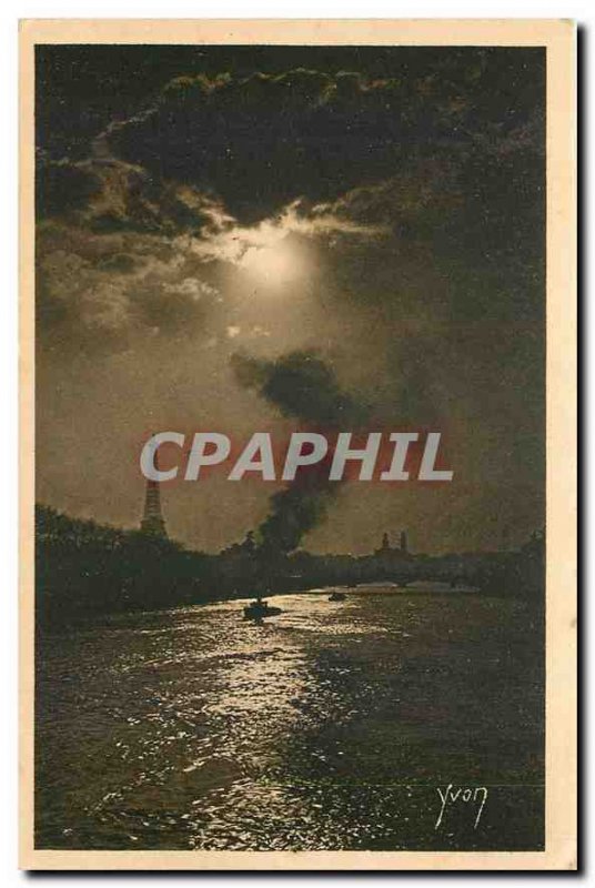 Old Postcard Paris Moonlight on the Seine Eiffel Tower