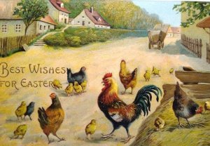 Easter Postcard Baby Chicks Rooster Hen Country Road Hay Stacks Village Germany