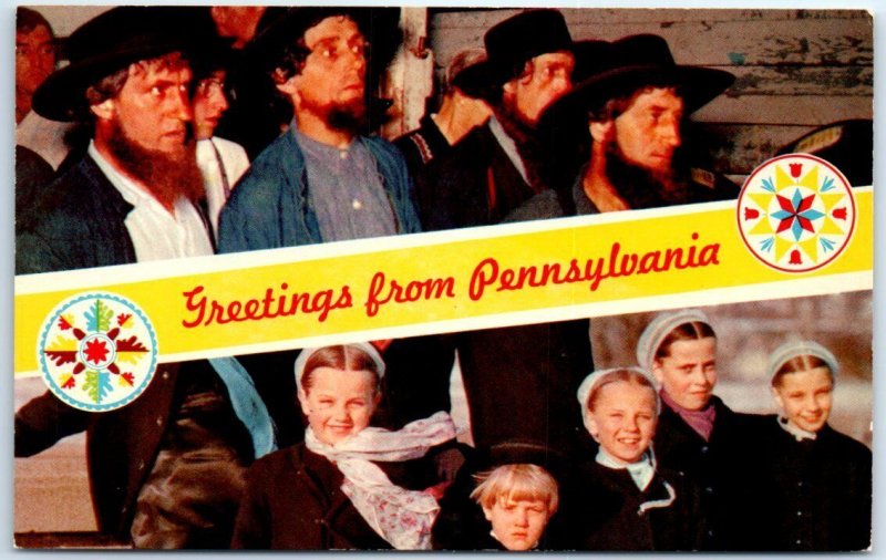 Bearded Amish Gentlemen & Amish Children - Greetings from Pennsylvania