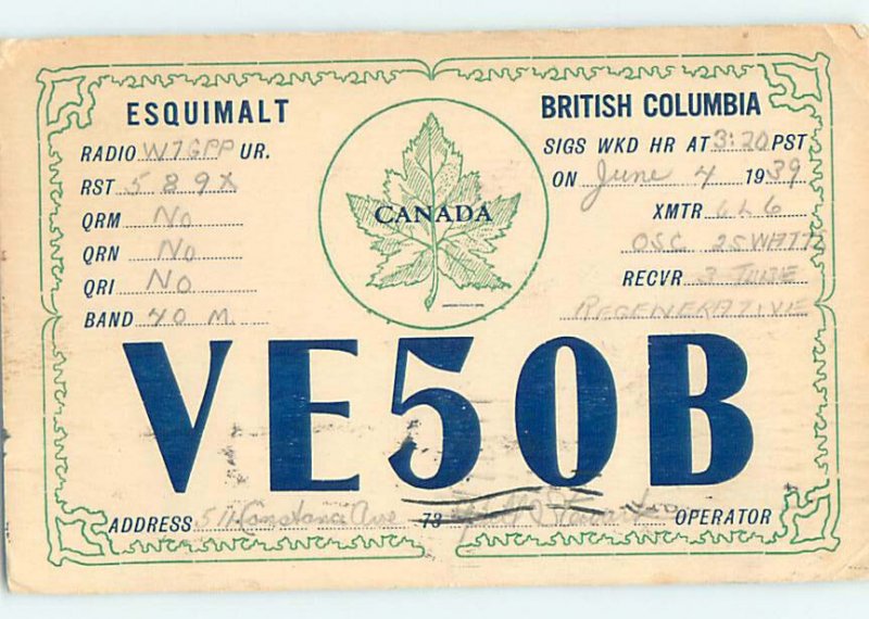 1930s QSL RADIO CARD Vancouver Island British Columbia BC AH3278