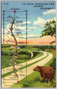 Vtg PA Pennsylvania Turnpike Tour Map Highway Scenic View Bear 1940s Postcard 