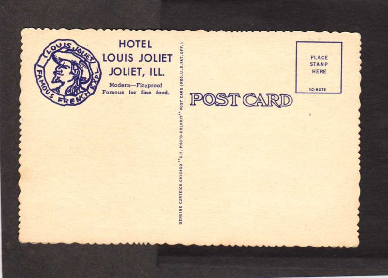 IL Hotel Louis Joliet Illinois Linen Postcard State Map Curteich PC