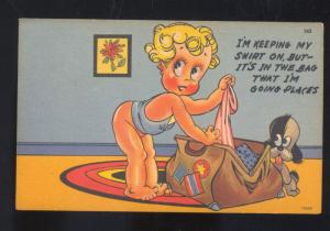 I AM KEEPING MY SHIRT ON CUTE GIRL SUITCASE VINTAGE COMIC LINEN POSTCARD DOG