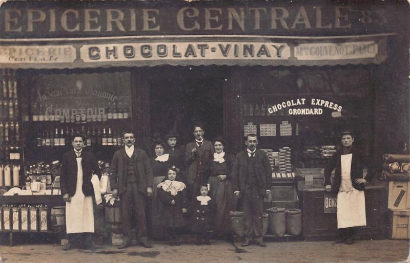 RPPC EPICERIE CENTRALE CHOCOLATE VINAY ALCOHOL FRANCE REAL PHOTO POSTCARD (1910)