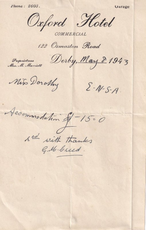 Oxford Garage Hotel Derby 1943 WW2 Receipt