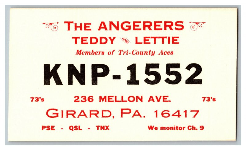 Postcard QSL Radio Card From Girard Pa. Pennsylvania KNP-1552 