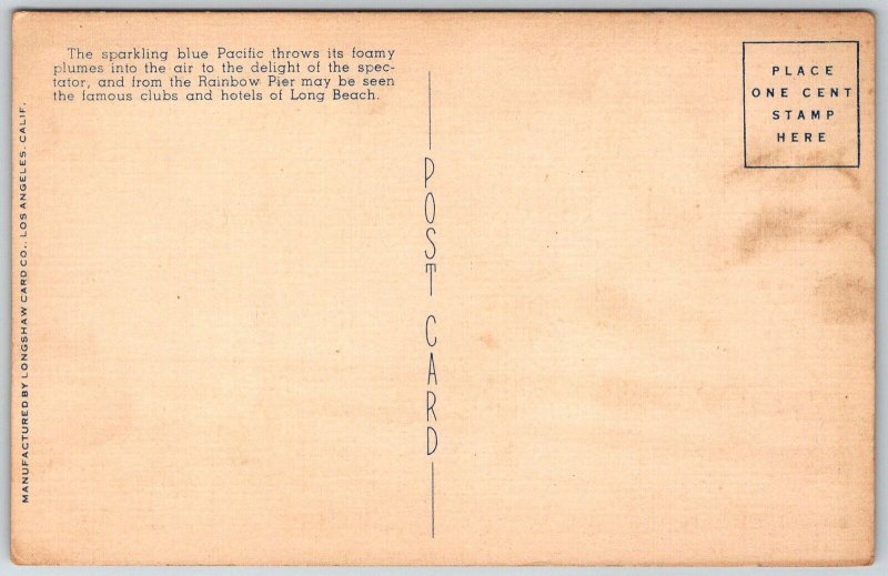 Long Beach California 1940s Postcard Giant Breakers Surf Pier