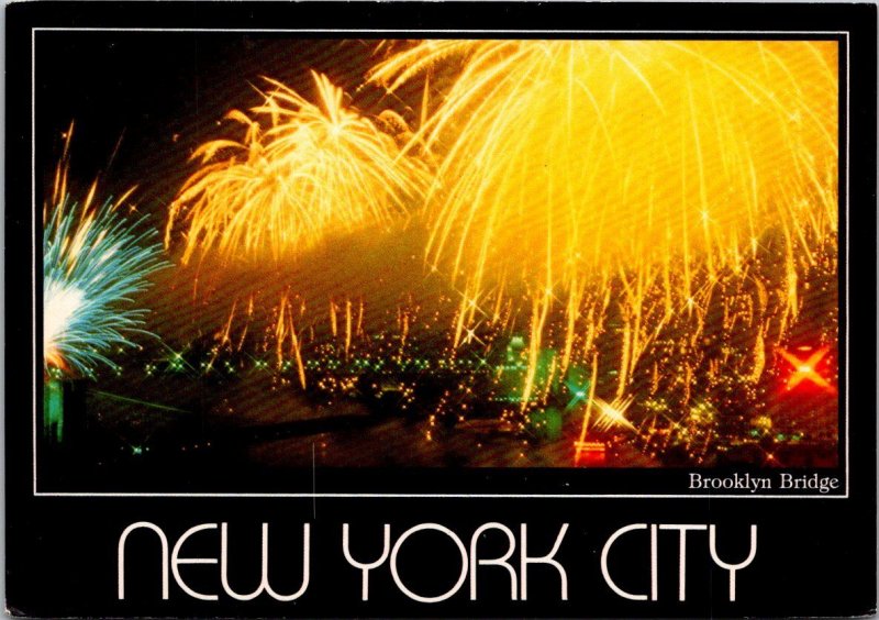 New York City The Brooklyn Bridge With Fireworks