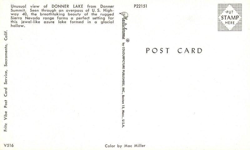 Vintage Postcard Donner Lake Donner Summit Through Overpass U. S. Highway 40