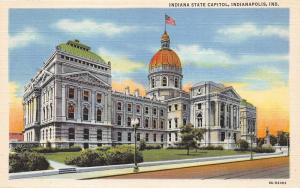 Indianapolis Indiana~Indiana State Capitol~Flag on Gold Dome~1940s Linen Pc