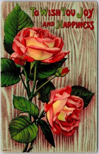 1911 Flower Bouquet Pink Roses Large Print Greetings & Wishes Posted Postcard