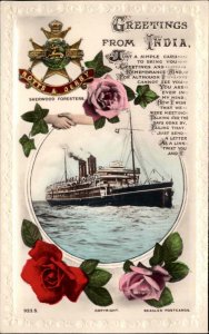 Steamship India Sherwood Foresters Heraldic Crest Beagles Real Photo Postcard