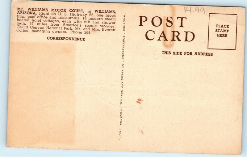 Williams Arizona AZ Mt. Williams Motor Court Route 66 Vintage Postcard E47