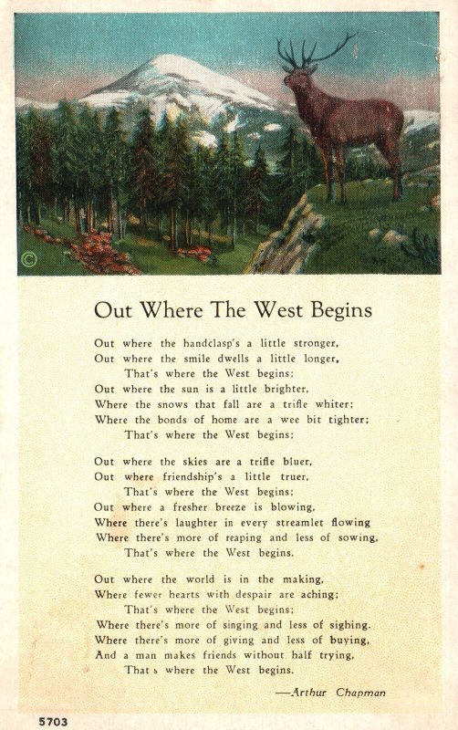 Vintage Postcard 1920S Out Where the West Begins Poem Deer Mountains Pines 