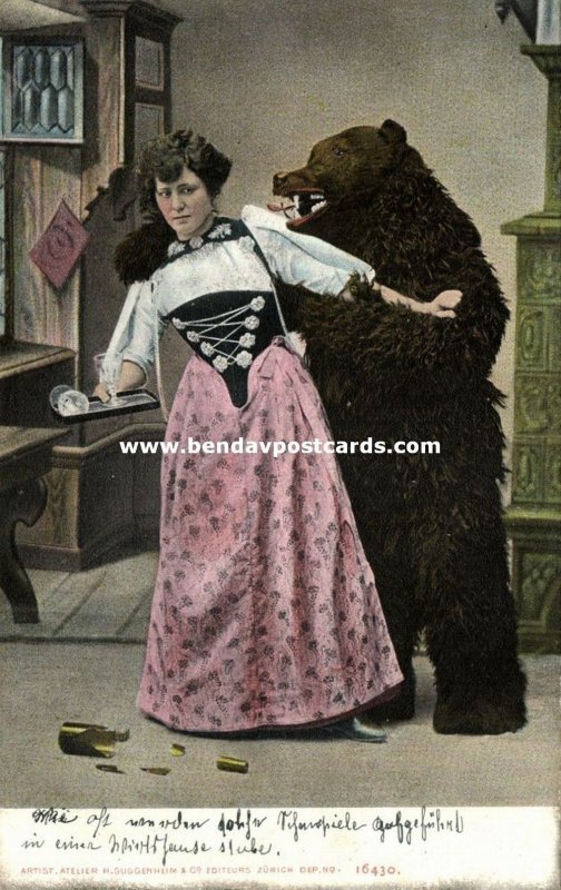 switserland, Woman in Bern Costumes with Brown Bear, Berner Tracht (1904) I