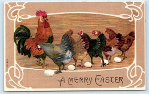 A MERRY EASTER Embossed ROOSTER & CHICKENS 1908 - Series #337 Border Postcard