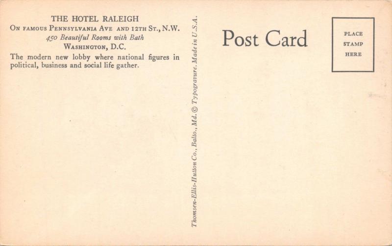 WASHINGTON DC~HOTEL RALEIGH NEW MODERN LOBBY-PENNSYLVANIA AVE @ 10th. POSTCARD