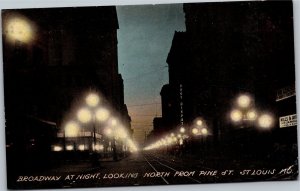 Postcard MO St Louis Broadway at Night Looking North from Pine