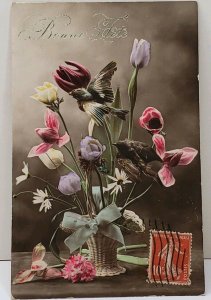 1913 RPPC Beautiful Flowers and Birds Colored Photo Postcard A16