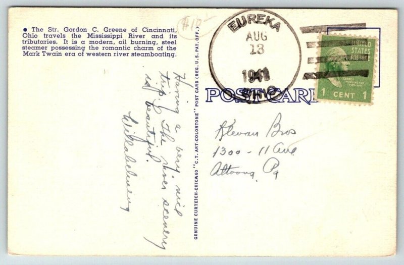 Steamer  Gordon C. Greene  Mississippi River   Postcard  1941