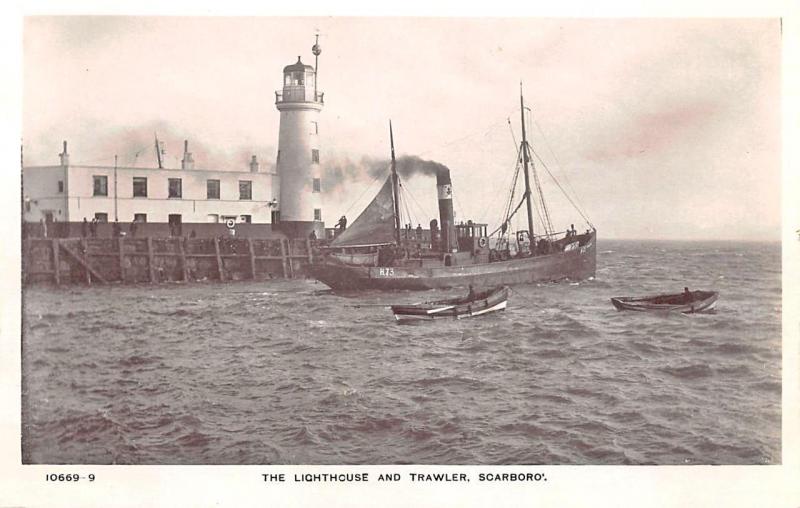 Lighthouse and Trawler Scarboro Boat Scotland Real Photo Postcard