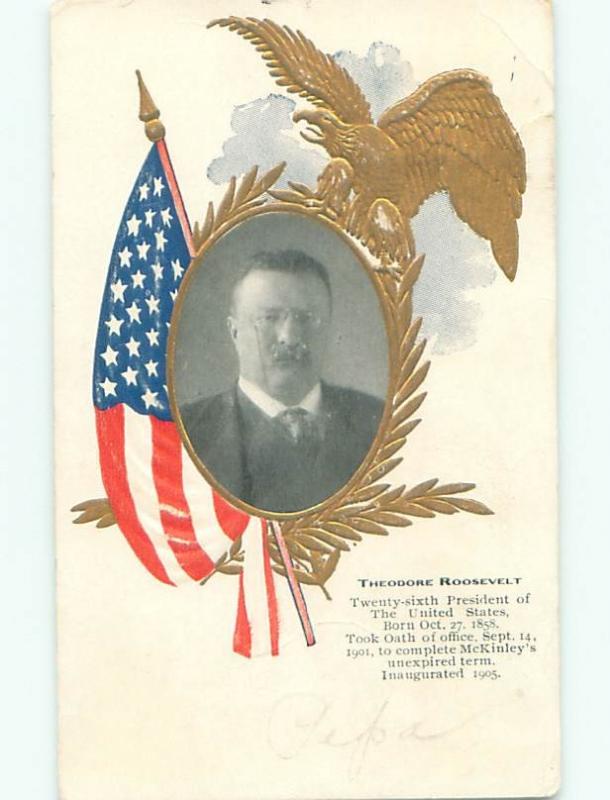 1907 Patriotic PRESIDENT THEODORE TEDDY ROOSEVELT WITH FLAG AC0840