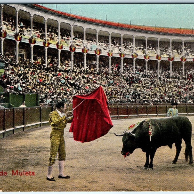 c1920s Madrid, Spain Bullfighting Arena Matador Red Cape Bull Crowd Pase A359