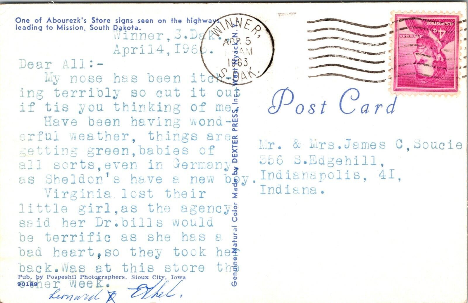 Abourezk's Store Sign Mission South Dakota Postcard 1963 took back