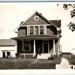 c1910s Single Man on Farm House Porch RPPC Nice Woodworking Carriage Bowler A192