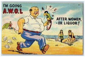 c1930's Fat Man Parrot I'm Going Awol After Woman Or Liquor VintagePostcard