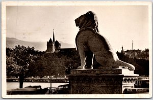 1936 Lion Statue Geneva Switzerland Real Photo RPPC Posted Postcard